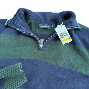 Nautica Mens Quarter Zip Sweater‎ Navy Blue Green Striped Cotton Knit Pullover M